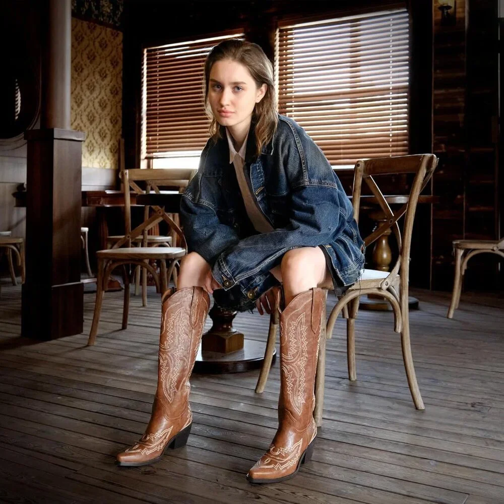Women Brown Faux Leather Knee High Cowgirl Boots with Pointed Toe Block Heel